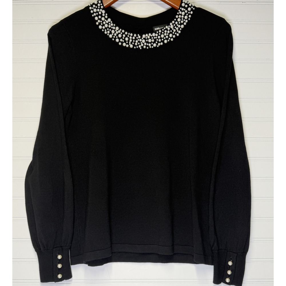 Karl Lagerfeld Paris Sweater Womens M Black Pearl Embellished Collar Bow Back